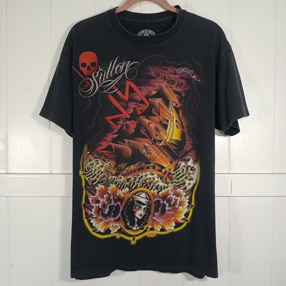 Sullen Art Collective T-Shirt Mens Large Black Tattoo Ship Graphic Tee‎ Tybred